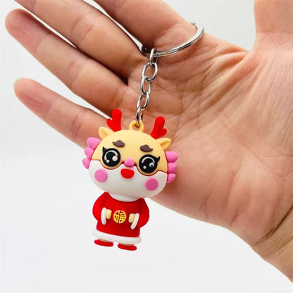 1 Pcs Zodiac Dragon Keychains Metal Chinese Dragon Hanging Ornament with Rhinestones 3D Cartoon Car Keyrings 2024 New Year Gifts