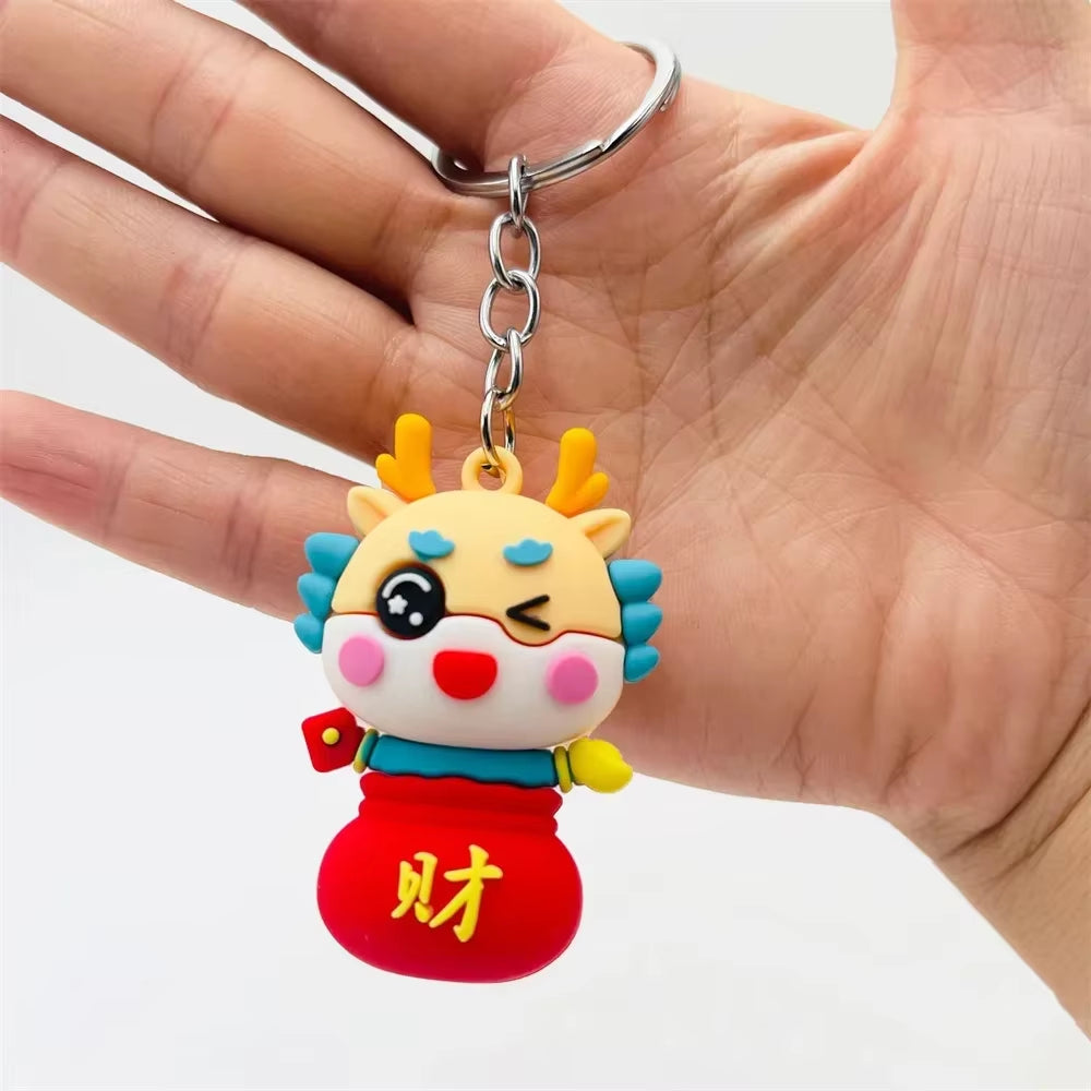 1 Pcs Zodiac Dragon Keychains Metal Chinese Dragon Hanging Ornament with Rhinestones 3D Cartoon Car Keyrings 2024 New Year Gifts