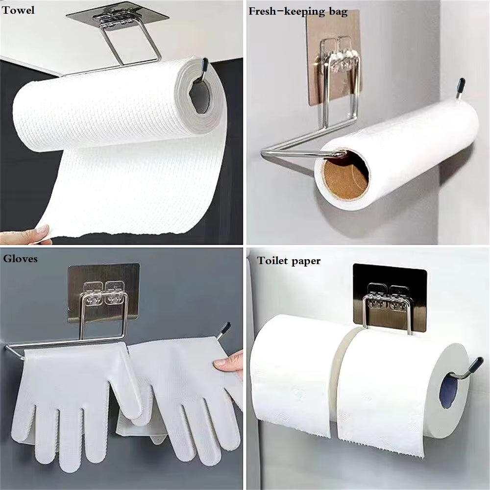 2PCS Kitchen Paper Towel Holder Adhesive Toilet Paper Rack Towel Hanger Tissue Dispenser Roll Napkin Cabinet Storage Accessories