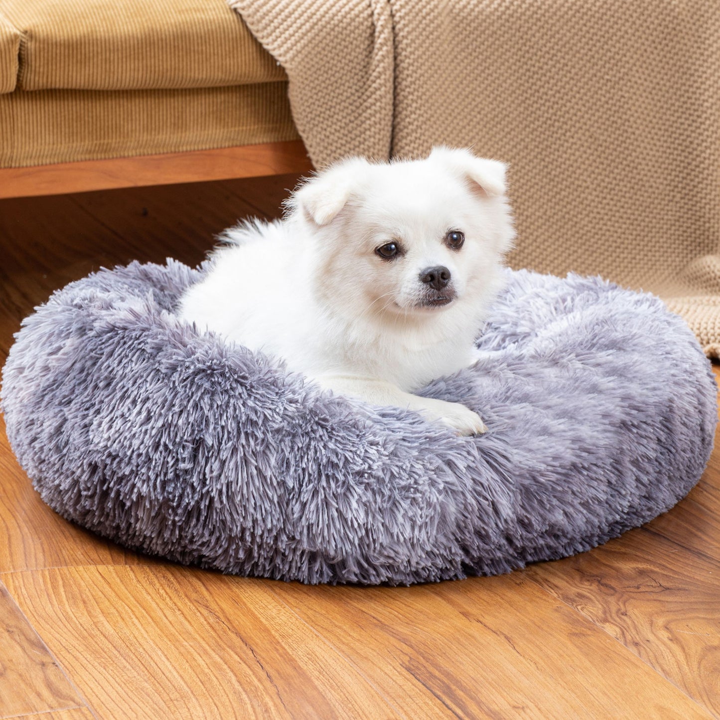 Fluffy Donut Dog Bed Warm Soft Long Plush Pet Cushion Dog House Cat Bed Washable Pet Sofa Mat Calming Samll Large Dog Beds