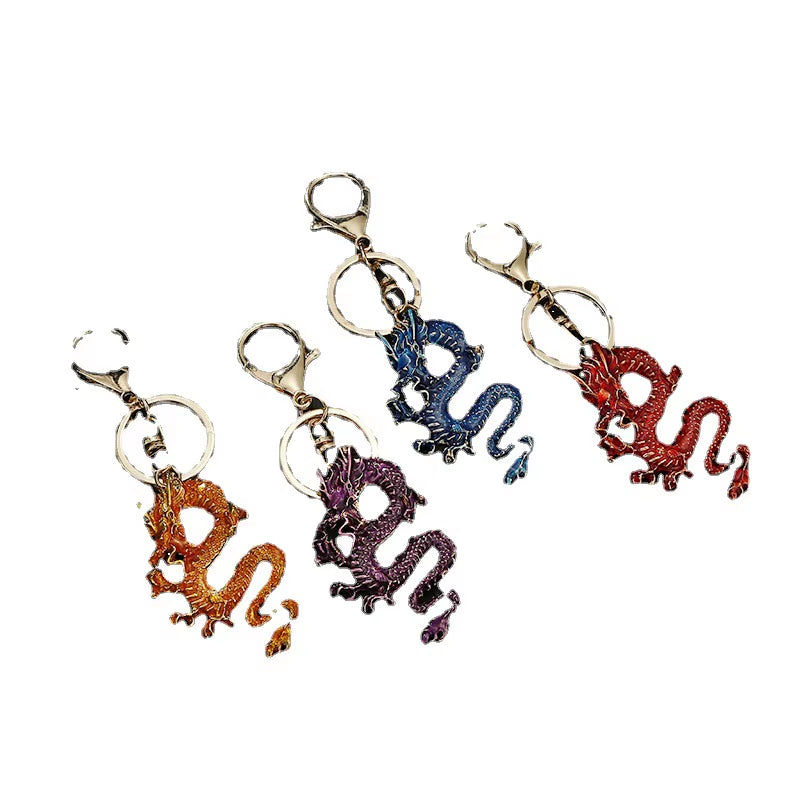 1 Pcs Zodiac Dragon Keychains Metal Chinese Dragon Hanging Ornament with Rhinestones 3D Cartoon Car Keyrings 2024 New Year Gifts