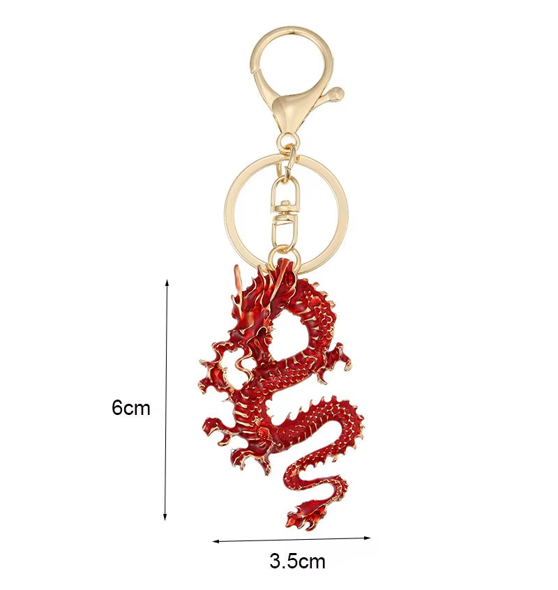 1 Pcs Zodiac Dragon Keychains Metal Chinese Dragon Hanging Ornament with Rhinestones 3D Cartoon Car Keyrings 2024 New Year Gifts