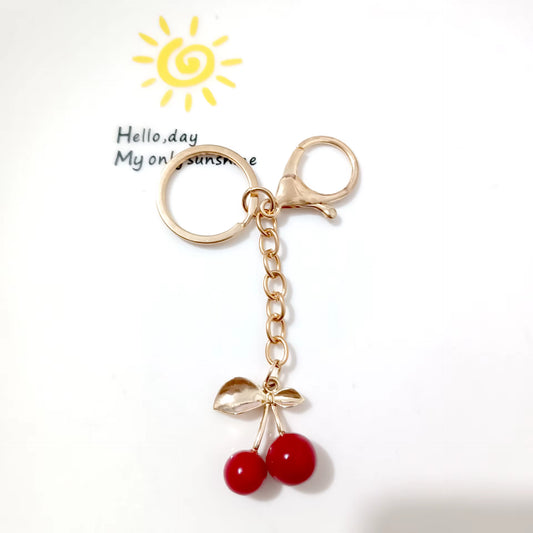 Cute Charm Cherry Keychain Bag Handbag Pendant Christmas Gift Car Key Accessories Golden Leaf Stylish Decorative Keyring