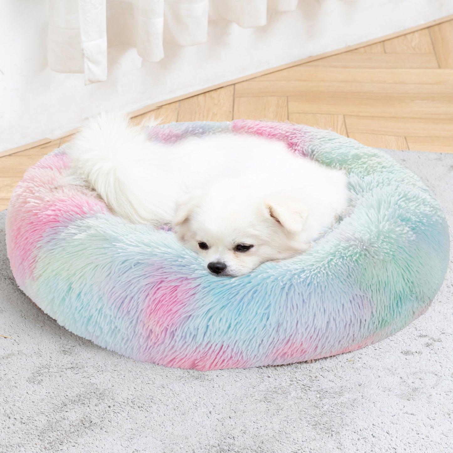 Fluffy Donut Dog Bed Warm Soft Long Plush Pet Cushion Dog House Cat Bed Washable Pet Sofa Mat Calming Samll Large Dog Beds