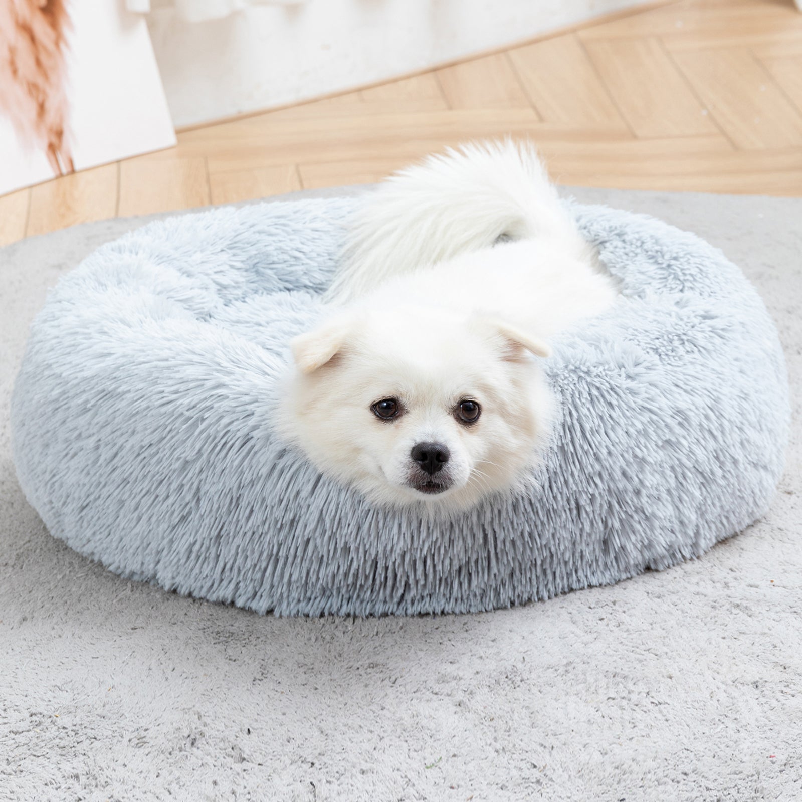 Fluffy Donut Dog Bed Warm Soft Long Plush Pet Cushion Dog House Cat Bed Washable Pet Sofa Mat Calming Samll Large Dog Beds