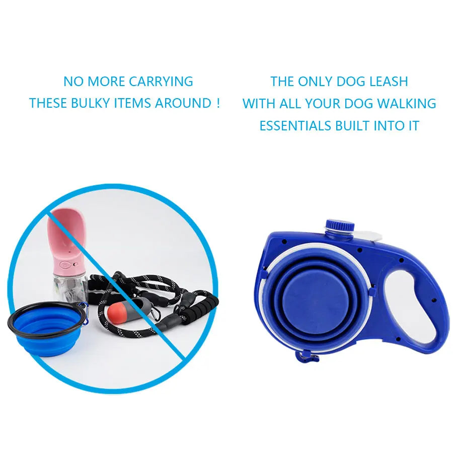 4-In-1 Durable Dog Leash Retractable Nylon Dog Leash with Water Bottle Bowl Extending Puppy Walking Running Leads Pet