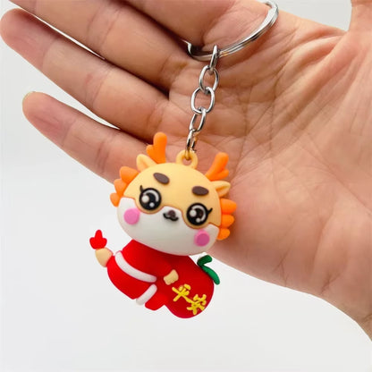 1 Pcs Zodiac Dragon Keychains Metal Chinese Dragon Hanging Ornament with Rhinestones 3D Cartoon Car Keyrings 2024 New Year Gifts